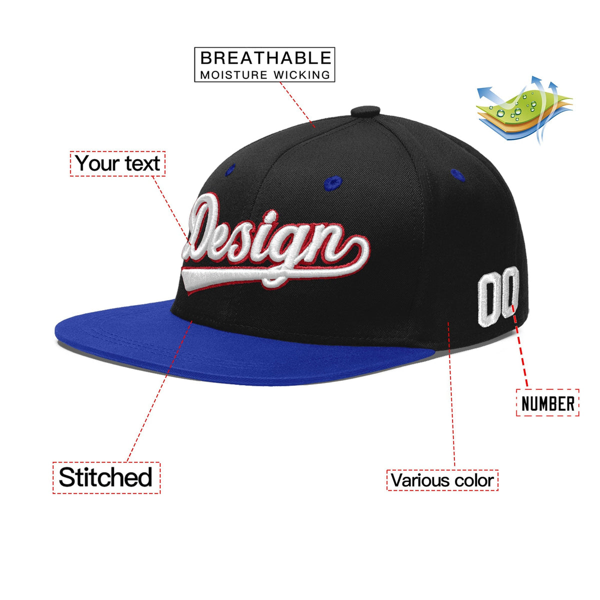 Custom Black Royal Blue 3D Puff Embroidery Flat Embroidery Casual Sport Baseball Cap