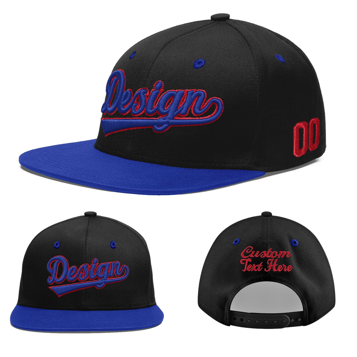 Custom Black Royal Blue 3D Puff Embroidery Flat Embroidery Casual Sport Baseball Cap
