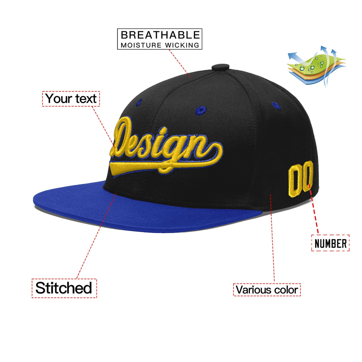 Custom Black Royal Blue 3D Puff Embroidery Flat Embroidery Casual Sport Baseball Cap