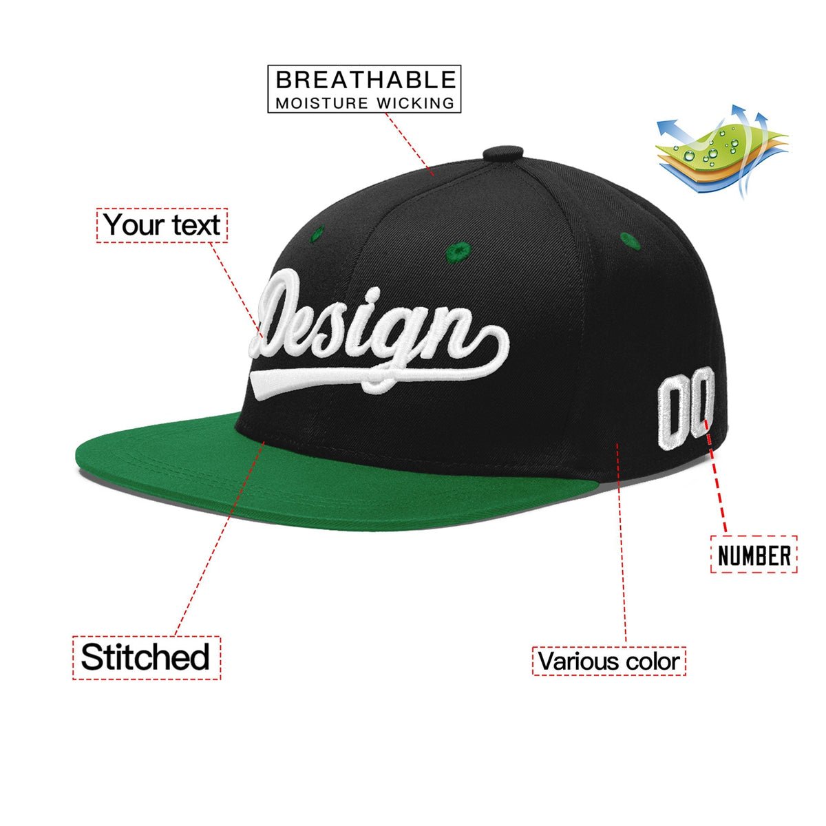 Custom Black Kelly Green 3D Puff Embroidery Flat Embroidery Casual Sport Baseball Cap
