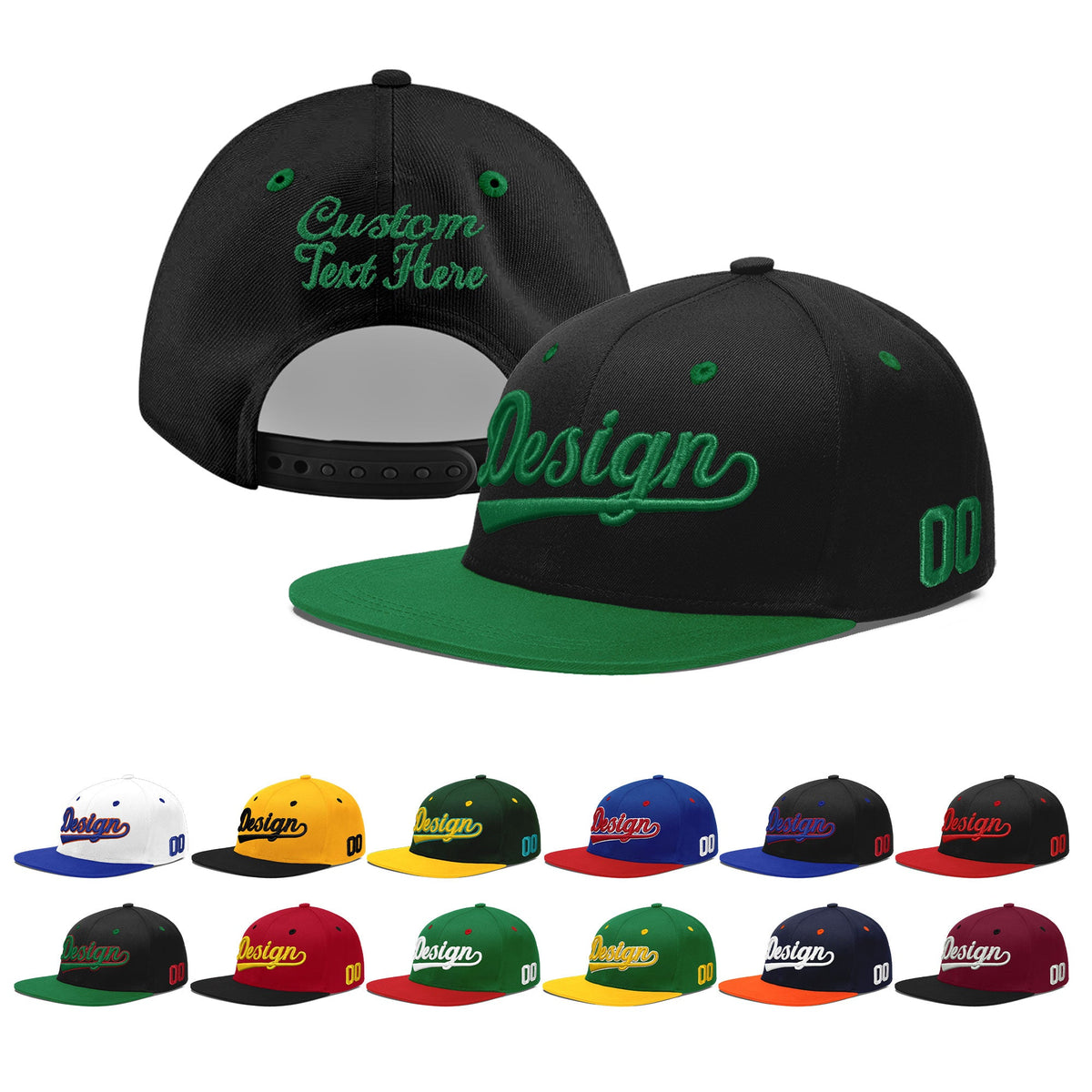 Custom Black Kelly Green 3D Puff Embroidery Flat Embroidery Casual Sport Baseball Cap
