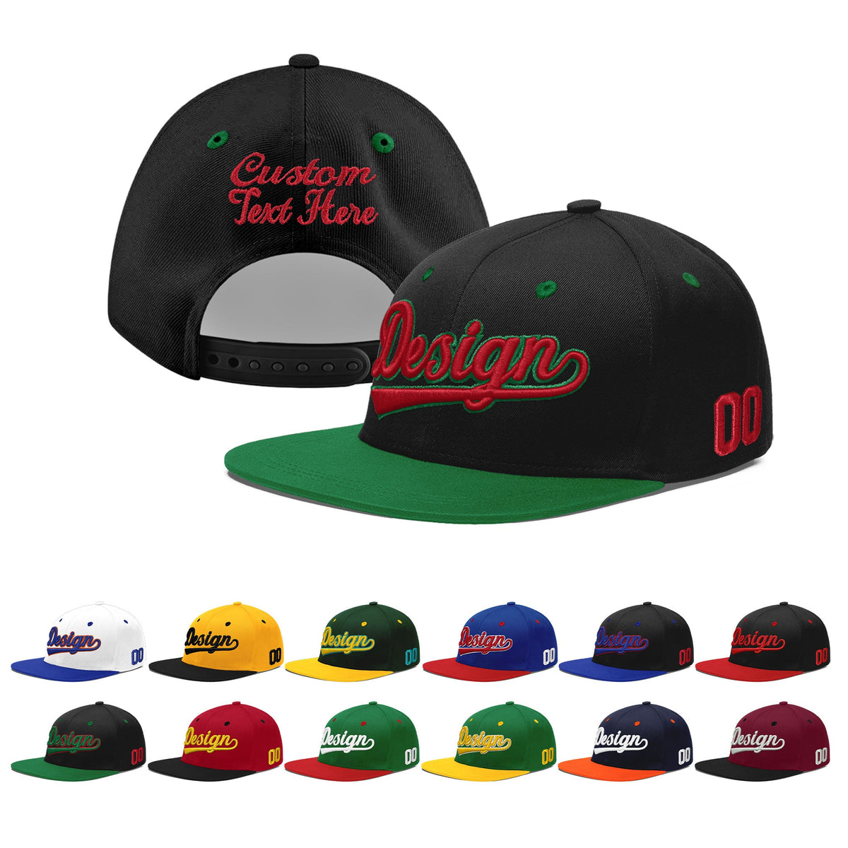 Custom Black Kelly Green 3D Puff Embroidery Flat Embroidery Casual Sport Baseball Cap