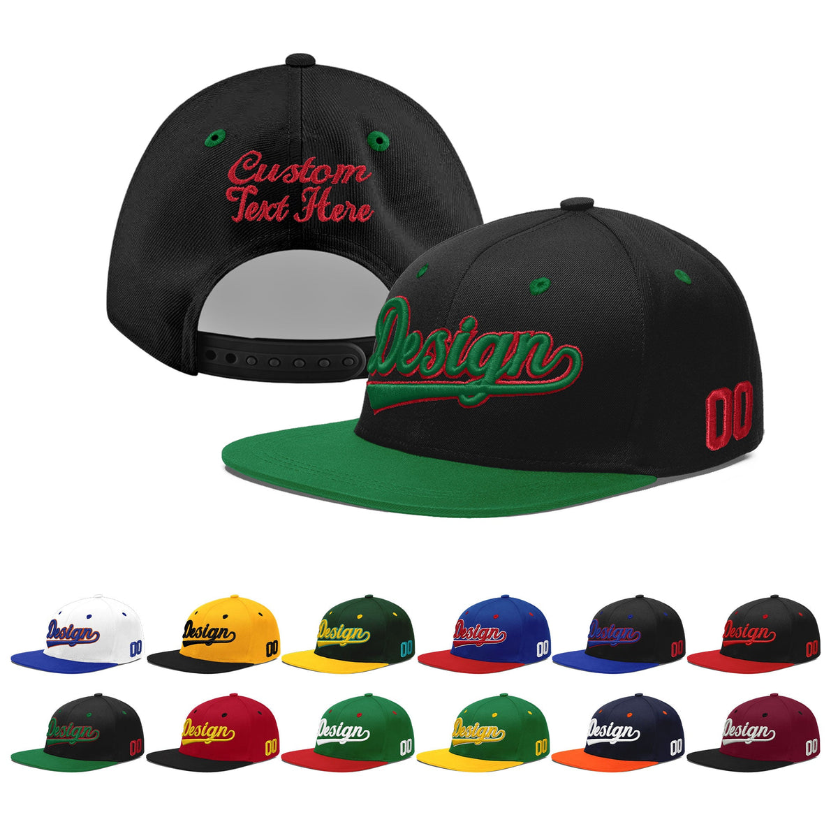Custom Black Kelly Green 3D Puff Embroidery Flat Embroidery Casual Sport Baseball Cap