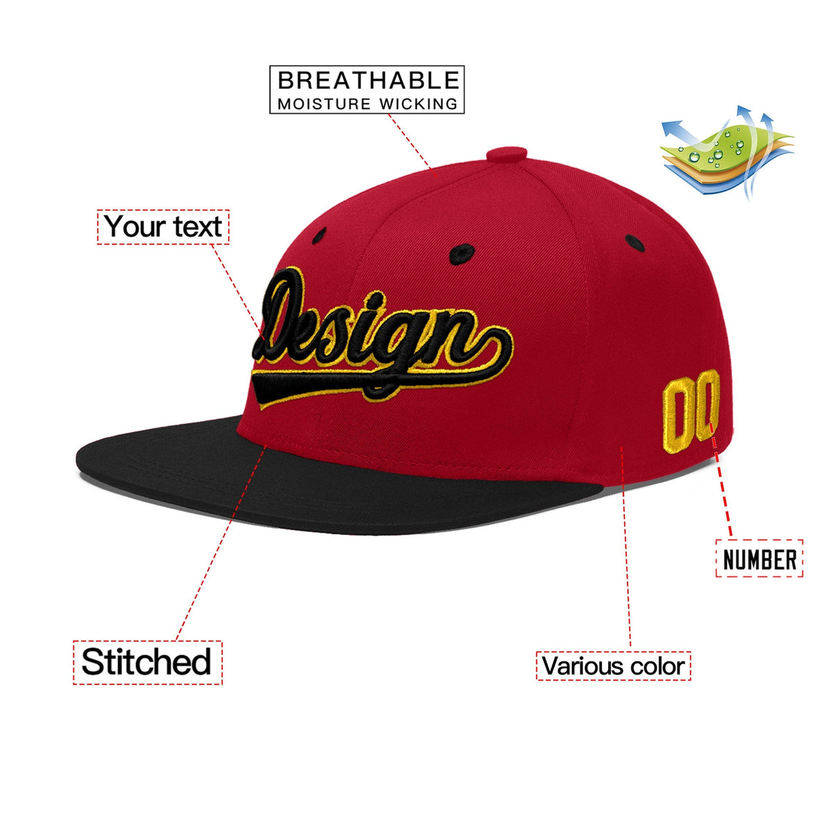 Custom Red Black 3D Puff Embroidery Flat Embroidery Casual Sport Baseball Cap