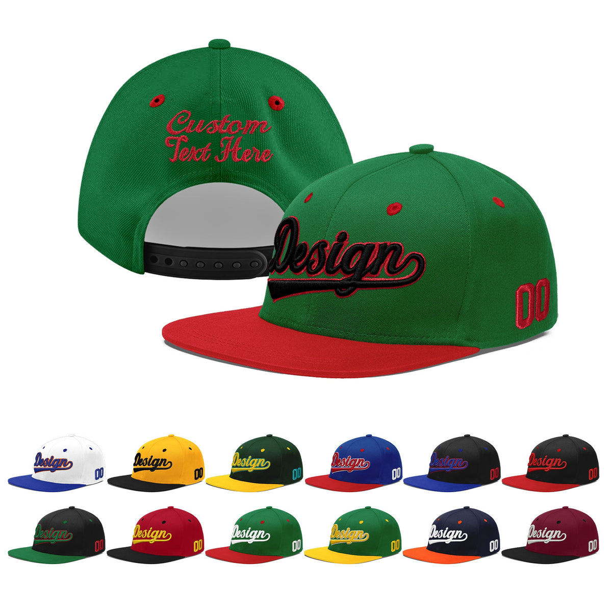Custom Kelly Green Red 3D Puff Embroidery Flat Embroidery Casual Sport Baseball Cap