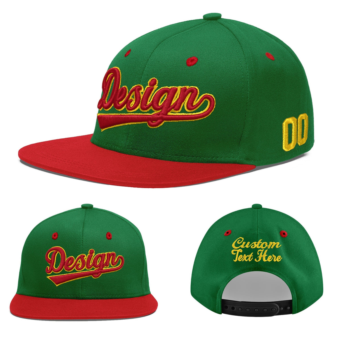 Custom Kelly Green Red 3D Puff Embroidery Flat Embroidery Casual Sport Baseball Cap