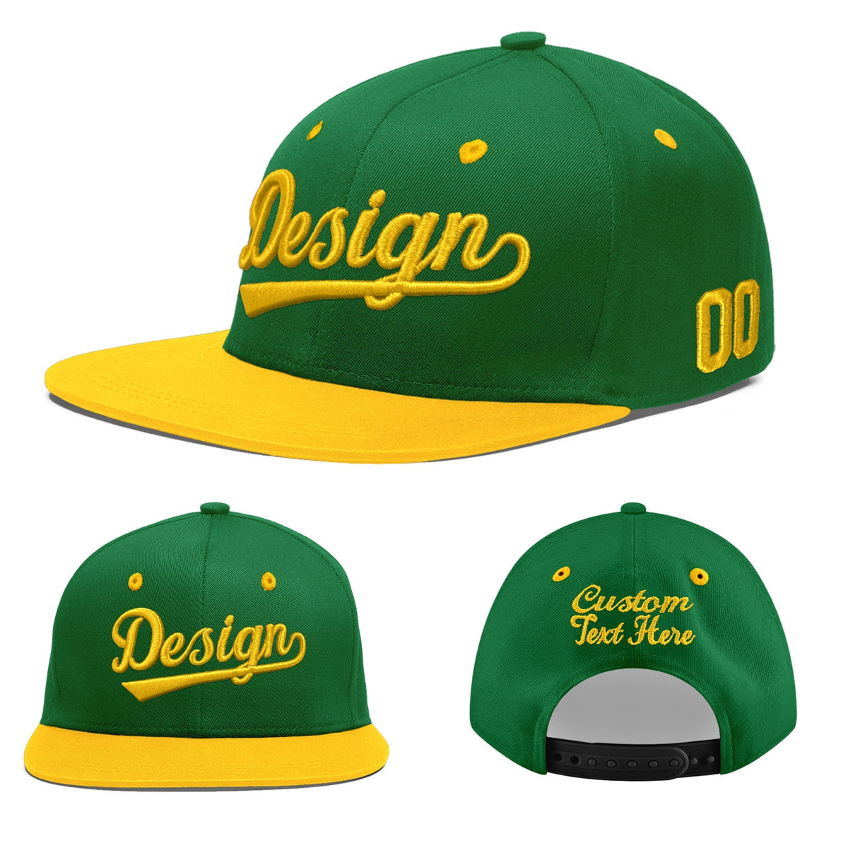 Custom Kelly Green Gold 3D Puff Embroidery Flat Embroidery Casual Sport Baseball Cap