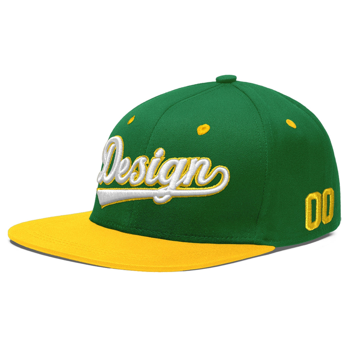 Custom Kelly Green Gold 3D Puff Embroidery Flat Embroidery Casual Sport Baseball Cap