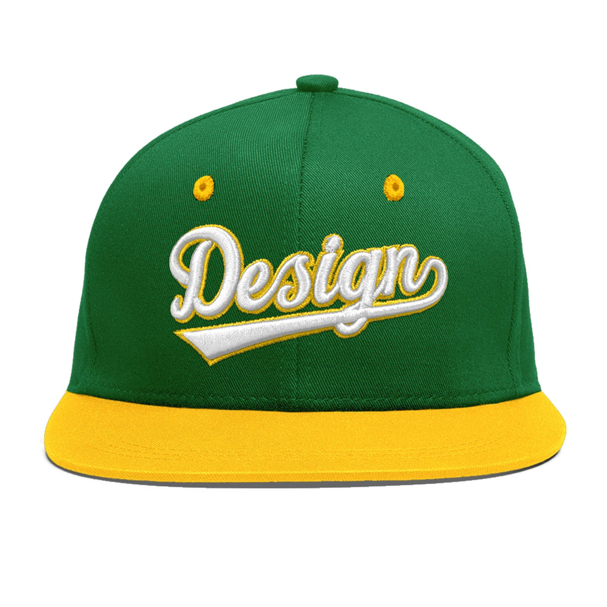 Custom Kelly Green Gold 3D Puff Embroidery Flat Embroidery Casual Sport Baseball Cap