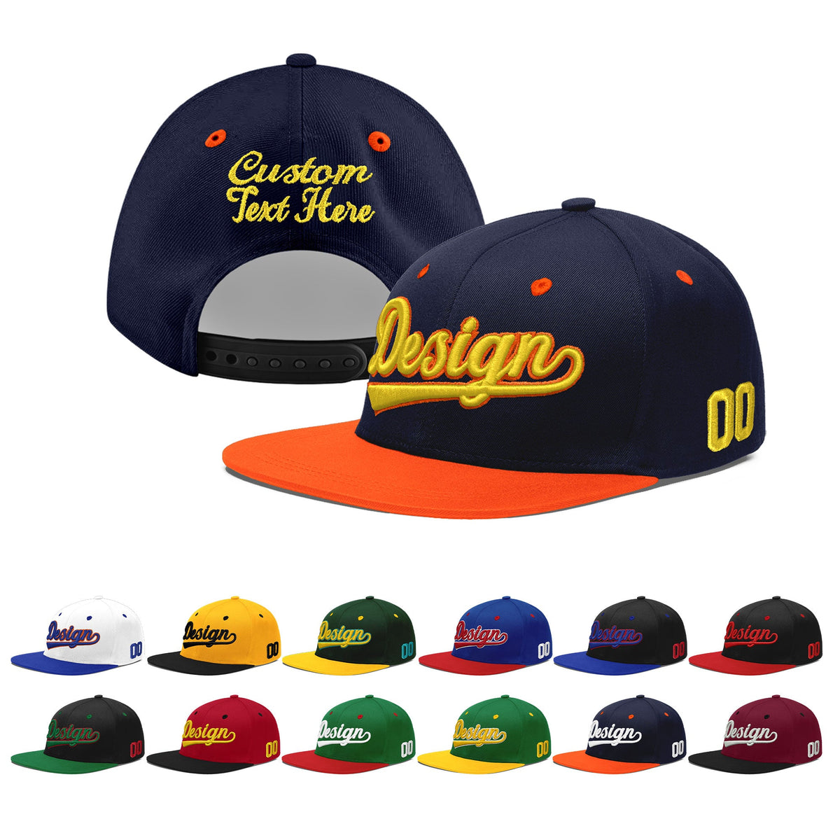 Custom Navy Orange 3D Puff Embroidery Flat Embroidery Casual Sport Baseball Cap