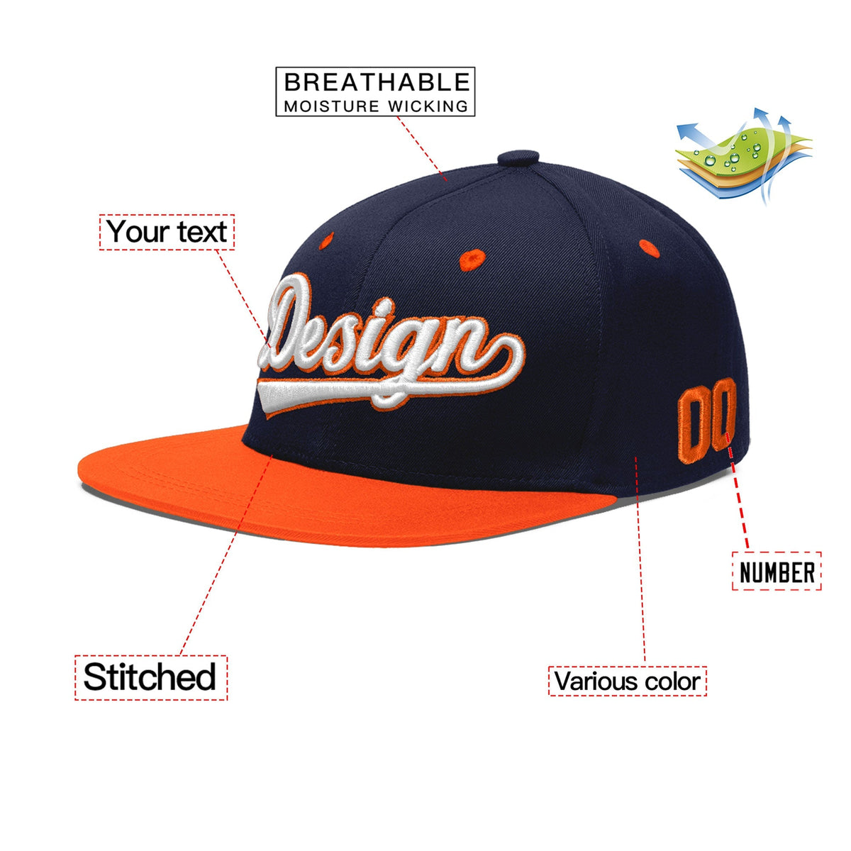 Custom Navy Orange 3D Puff Embroidery Flat Embroidery Casual Sport Baseball Cap