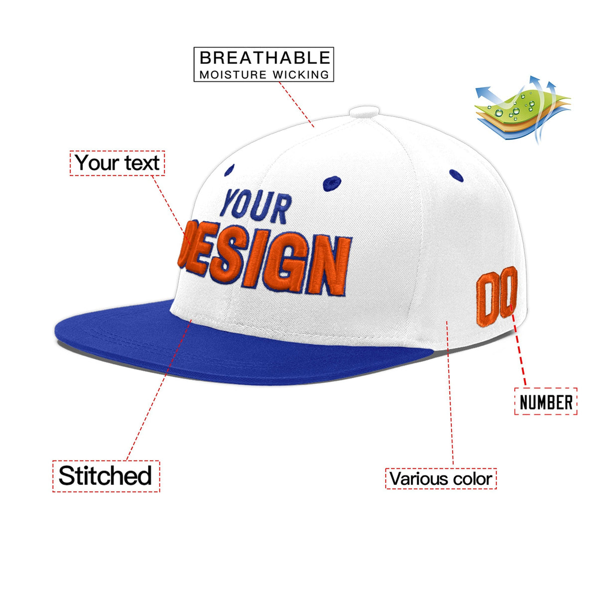 Custom White Royal Blue 3D Puff Embroidery Flat Embroidery Casual Sport Baseball Cap