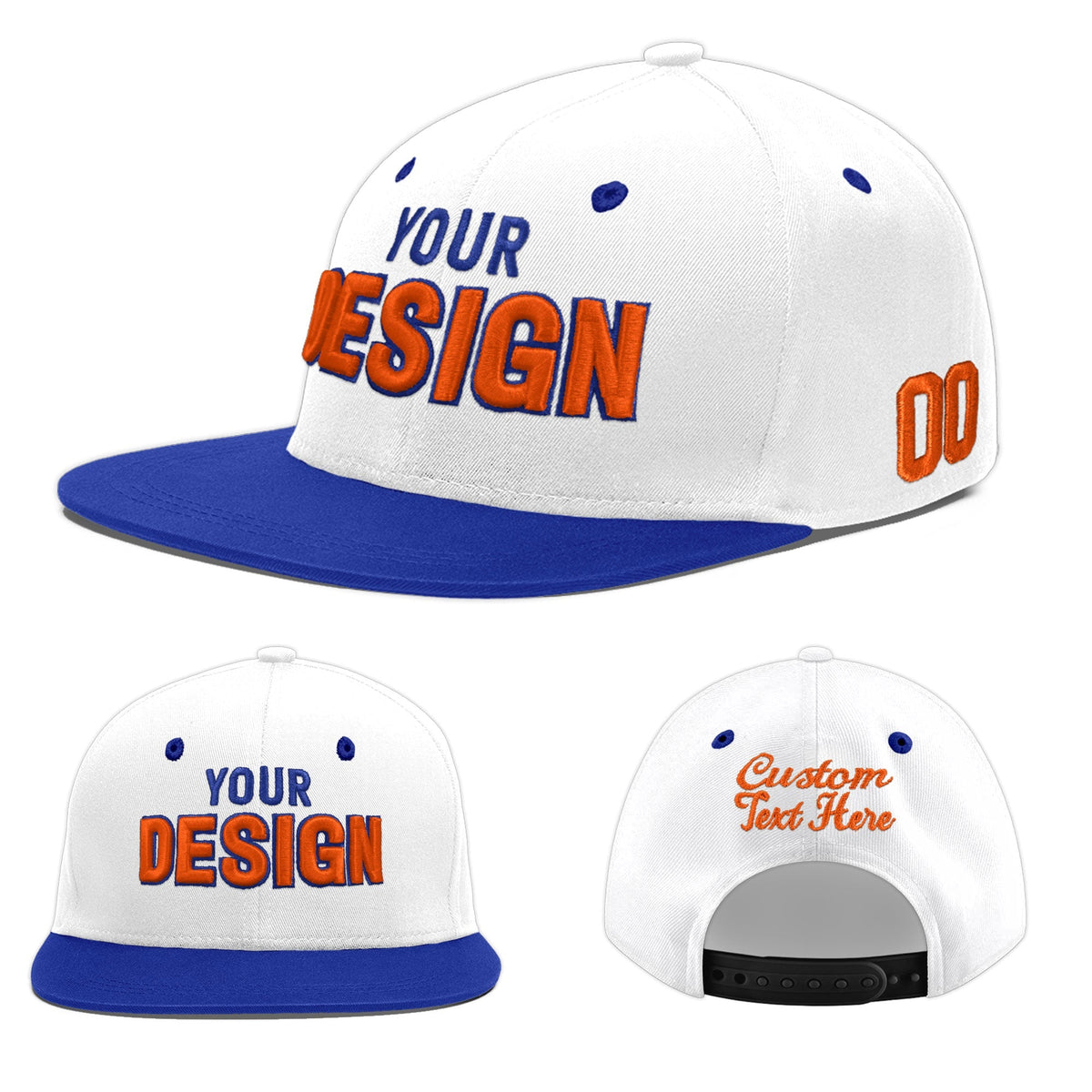 Custom White Royal Blue 3D Puff Embroidery Flat Embroidery Casual Sport Baseball Cap