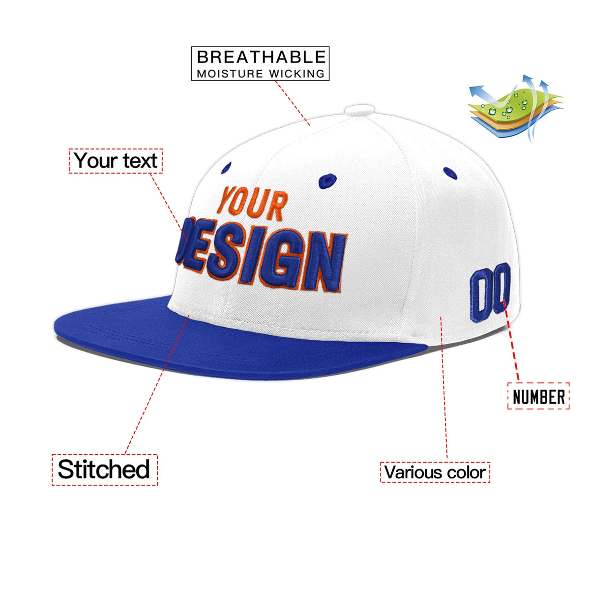 Custom White Royal Blue 3D Puff Embroidery Flat Embroidery Casual Sport Baseball Cap
