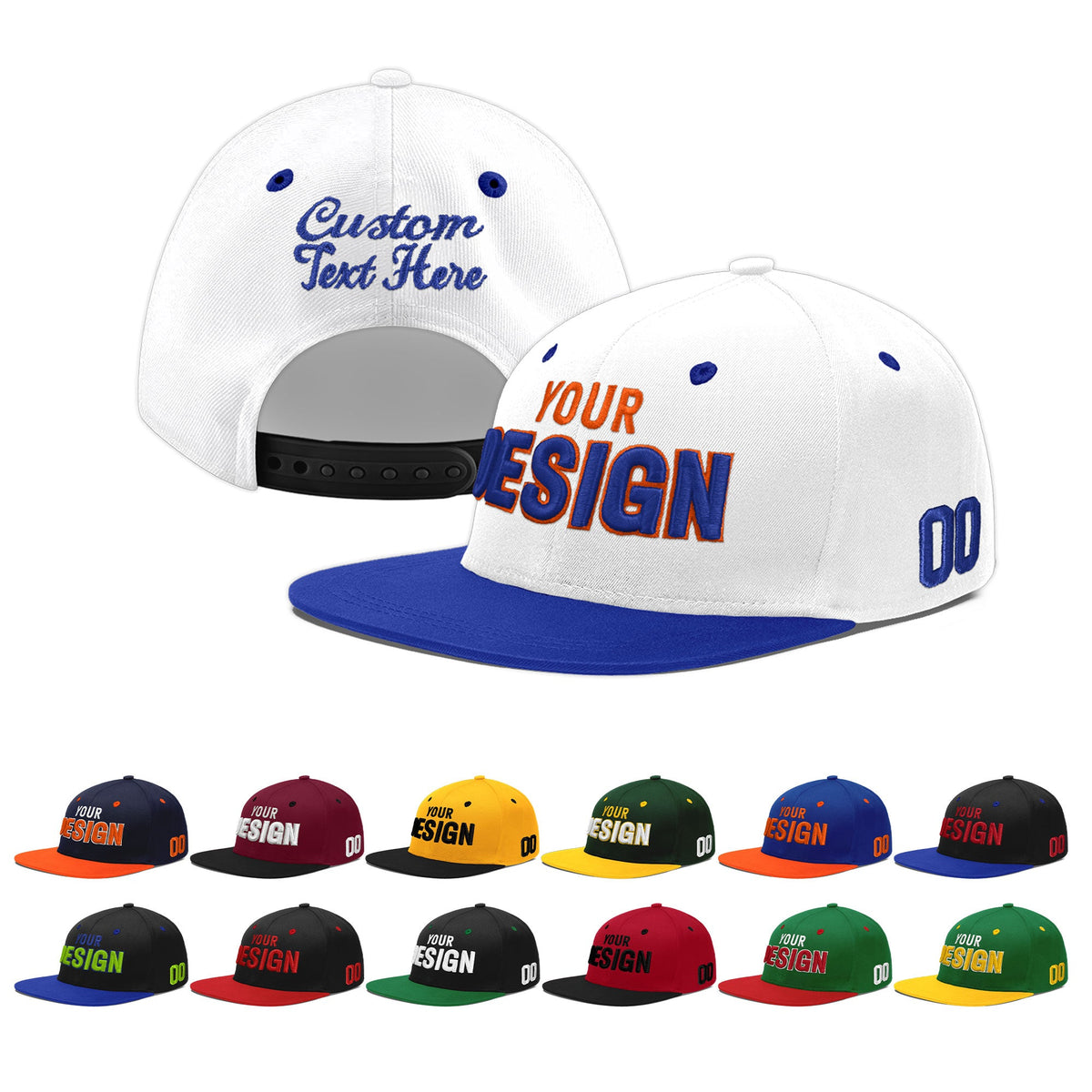 Custom White Royal Blue 3D Puff Embroidery Flat Embroidery Casual Sport Baseball Cap