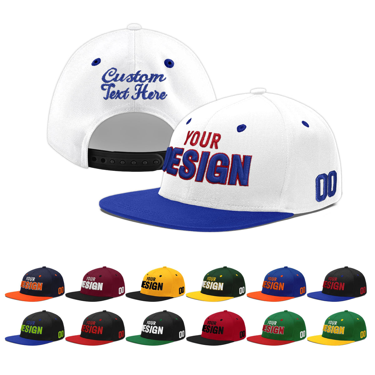 Custom White Royal Blue 3D Puff Embroidery Flat Embroidery Casual Sport Baseball Cap