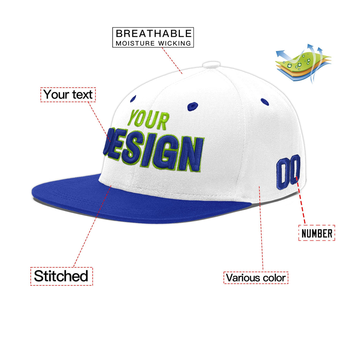 Custom White Royal Blue 85D Puff Embroidery Flat Embroidery Casual Sport Baseball Cap