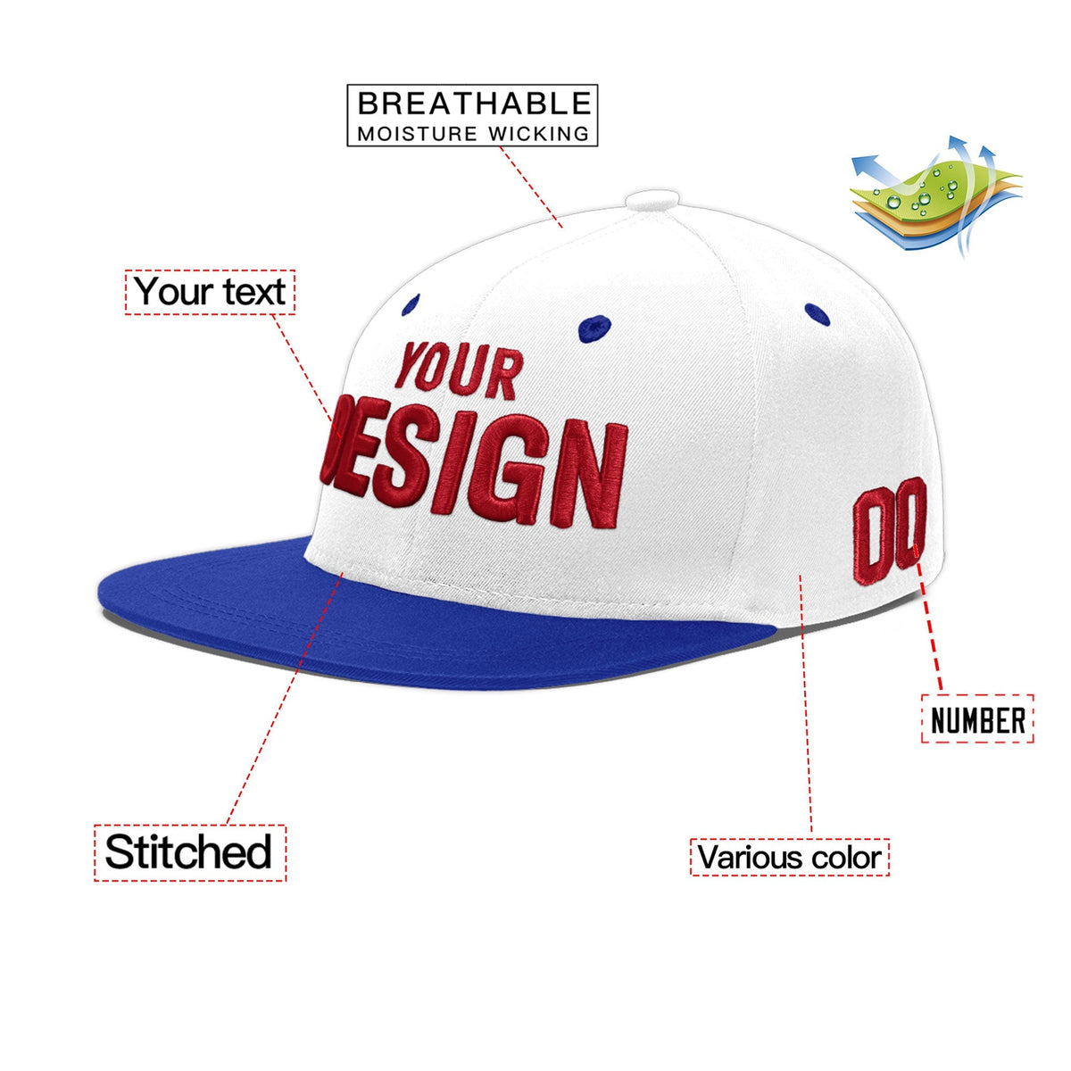 Custom White Royal Blue 93D Puff Embroidery Flat Embroidery Casual Sport Baseball Cap