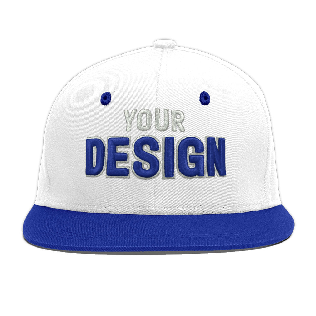 Custom White Royal Blue 112D Puff Embroidery Flat Embroidery Casual Sport Baseball Cap