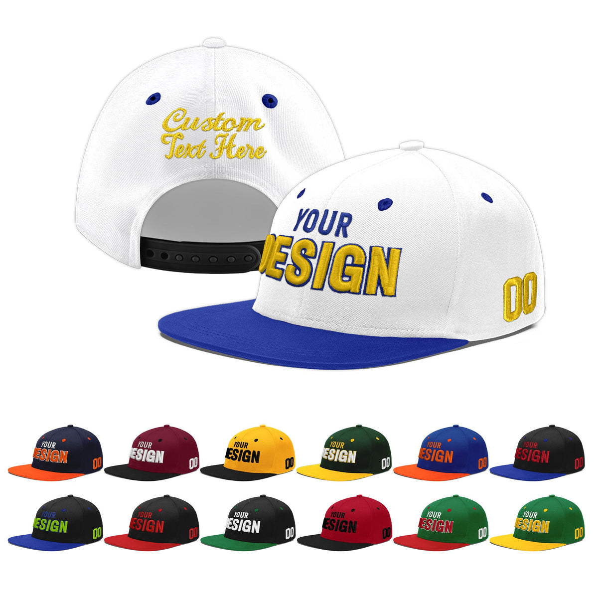 Custom White Royal Blue 99D Puff Embroidery Flat Embroidery Casual Sport Baseball Cap