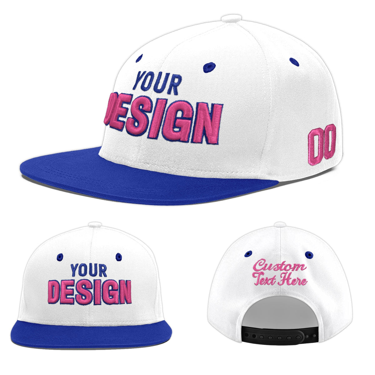 Custom White Royal Blue 108D Puff Embroidery Flat Embroidery Casual Sport Baseball Cap