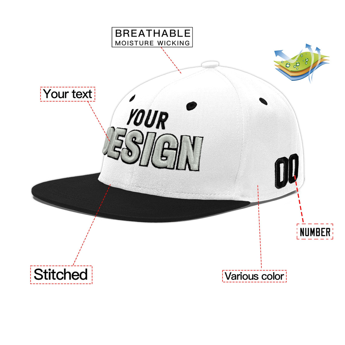 Custom White Black 3D Puff Embroidery Flat Embroidery Casual Sport Baseball Cap