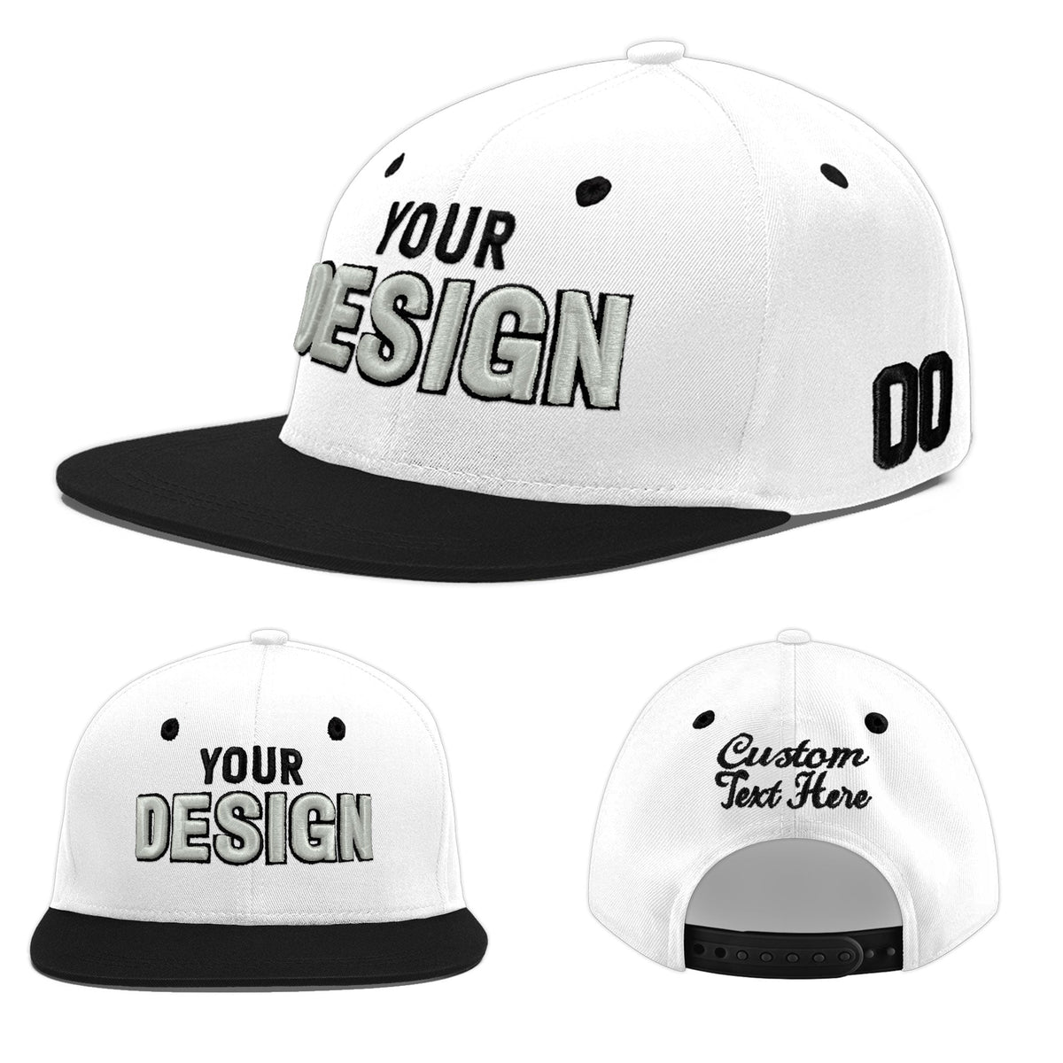 Custom White Black 3D Puff Embroidery Flat Embroidery Casual Sport Baseball Cap