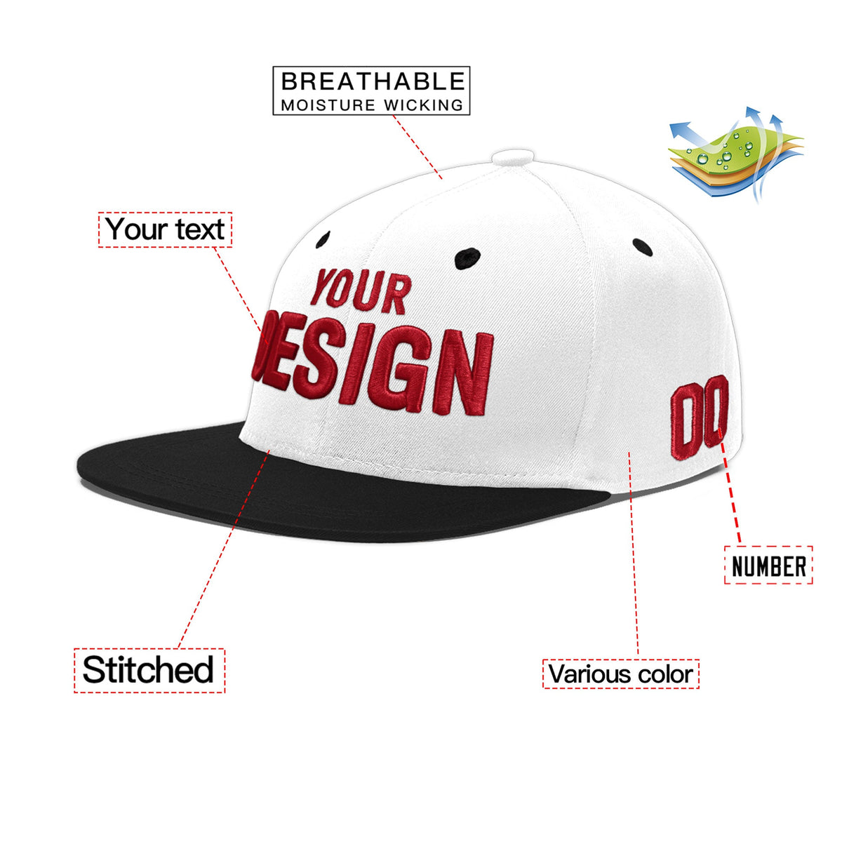 Custom White Black 3D Puff Embroidery Flat Embroidery Casual Sport Baseball Cap