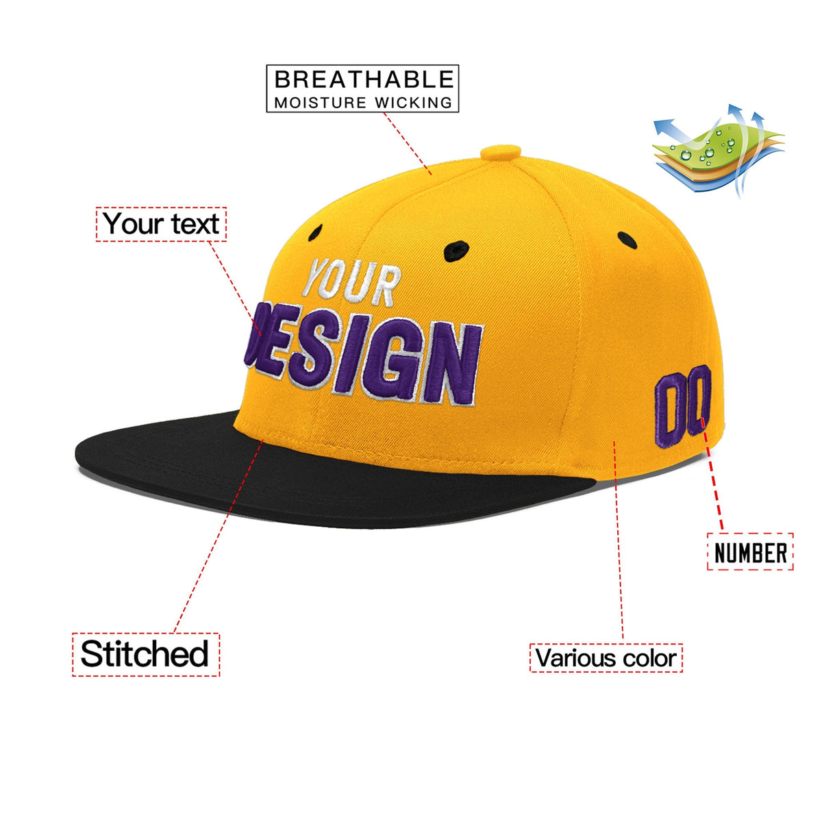 Custom Gold Black 85D Puff Embroidery Flat Embroidery Casual Sport Baseball Cap