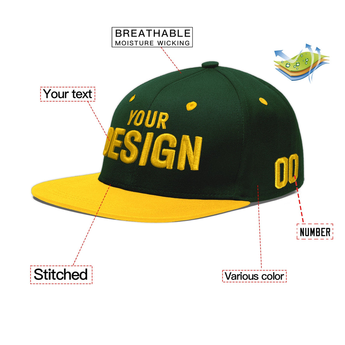Custom Green Gold 3D Puff Embroidery Flat Embroidery Casual Sport Baseball Cap