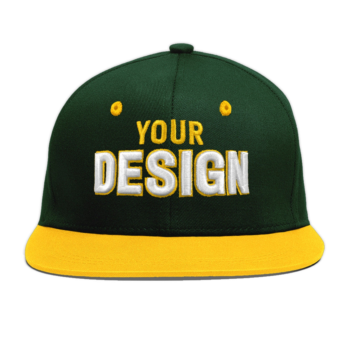 Custom Green Gold 3D Puff Embroidery Flat Embroidery Casual Sport Baseball Cap