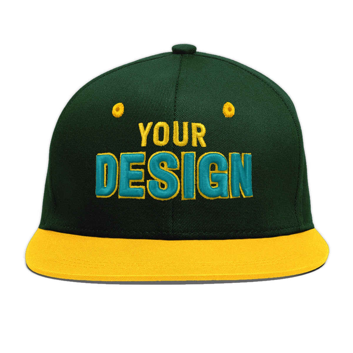 Custom Green Gold 3D Puff Embroidery Flat Embroidery Casual Sport Baseball Cap