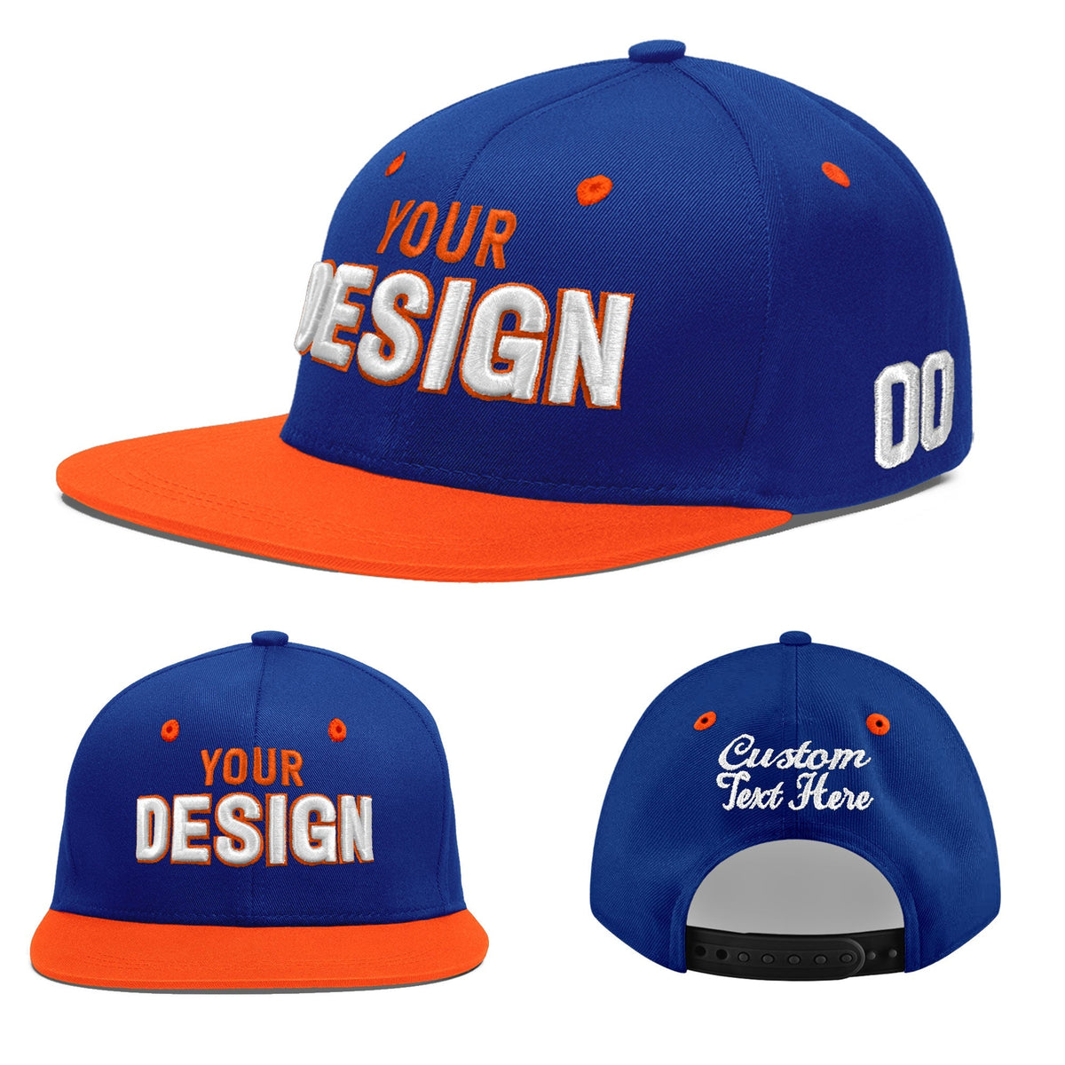 Custom Royal Blue Orange 3D Puff Embroidery Flat Embroidery Casual Sport Baseball Cap