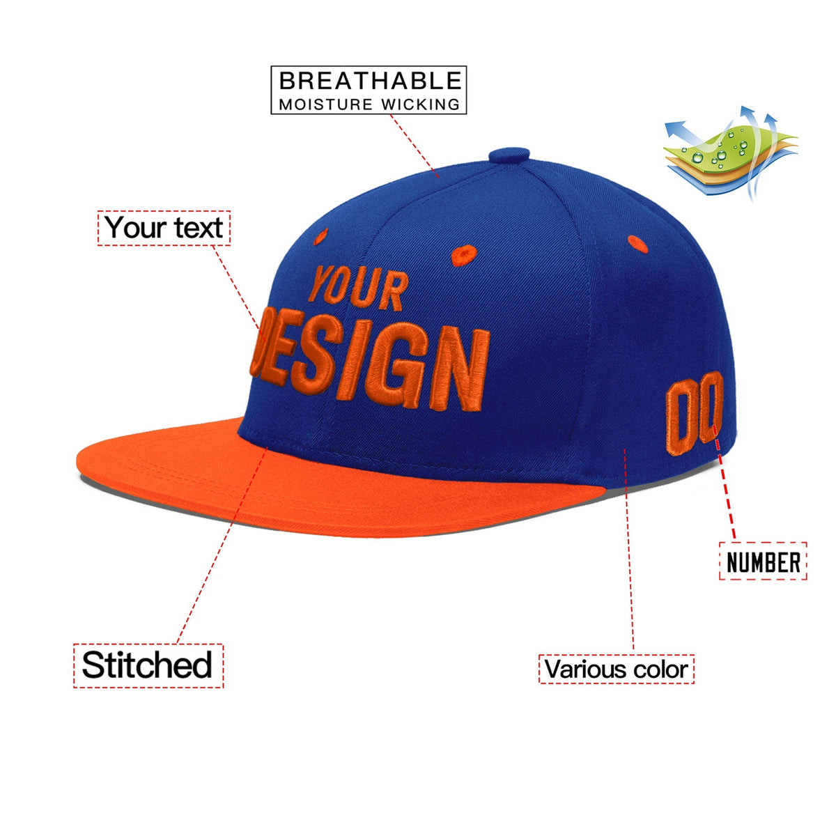 Custom Royal Blue Orange 3D Puff Embroidery Flat Embroidery Casual Sport Baseball Cap