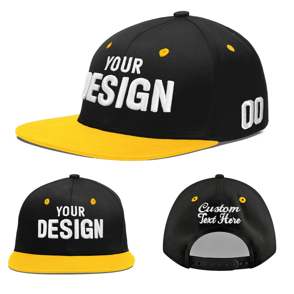Custom Black Gold 3D Puff Embroidery Flat Embroidery Casual Sport Baseball Cap