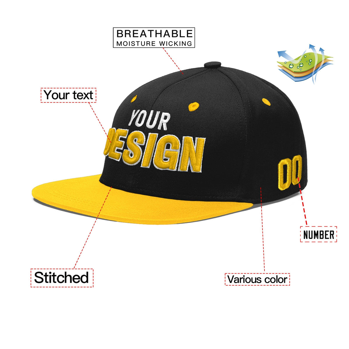 Custom Black Gold 3D Puff Embroidery Flat Embroidery Casual Sport Baseball Cap