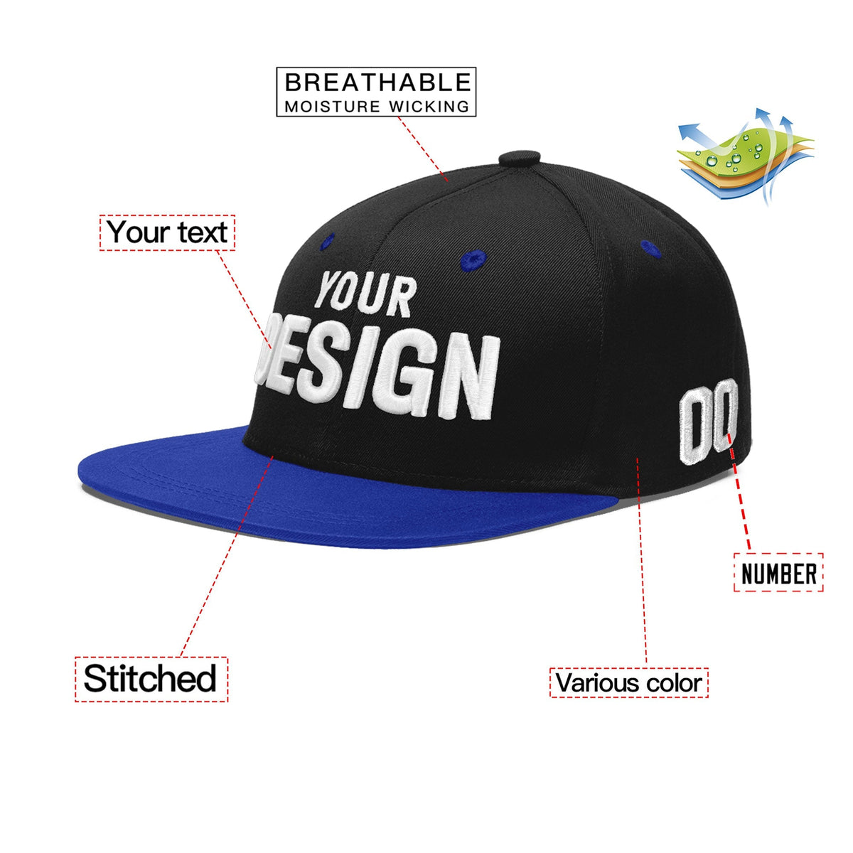 Custom Black Royal Blue 3D Puff Embroidery Flat Embroidery Casual Sport Baseball Cap