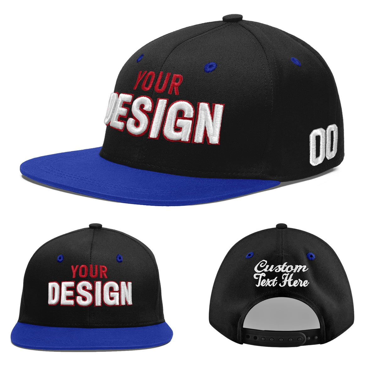 Custom Black Royal Blue 3D Puff Embroidery Flat Embroidery Casual Sport Baseball Cap
