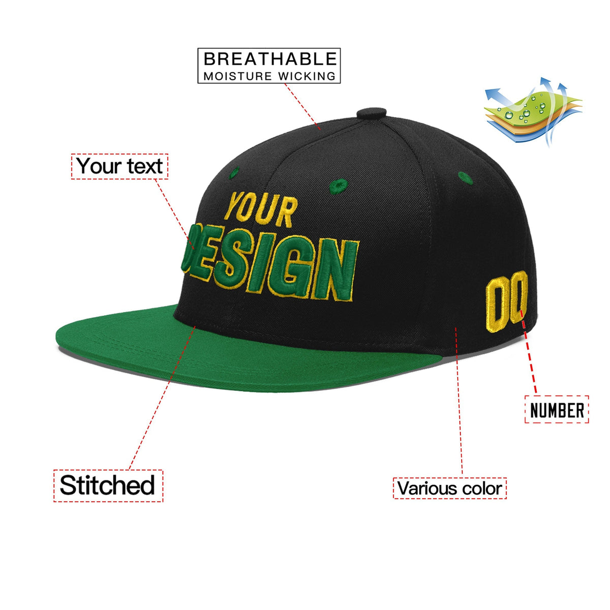 Custom Black Kelly Green 3D Puff Embroidery Flat Embroidery Casual Sport Baseball Cap