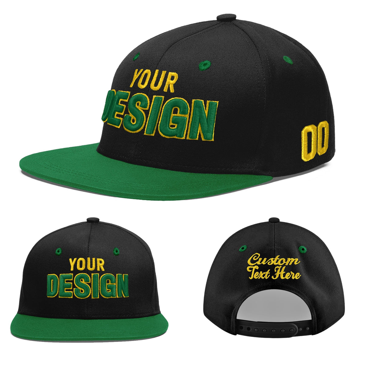 Custom Black Kelly Green 3D Puff Embroidery Flat Embroidery Casual Sport Baseball Cap