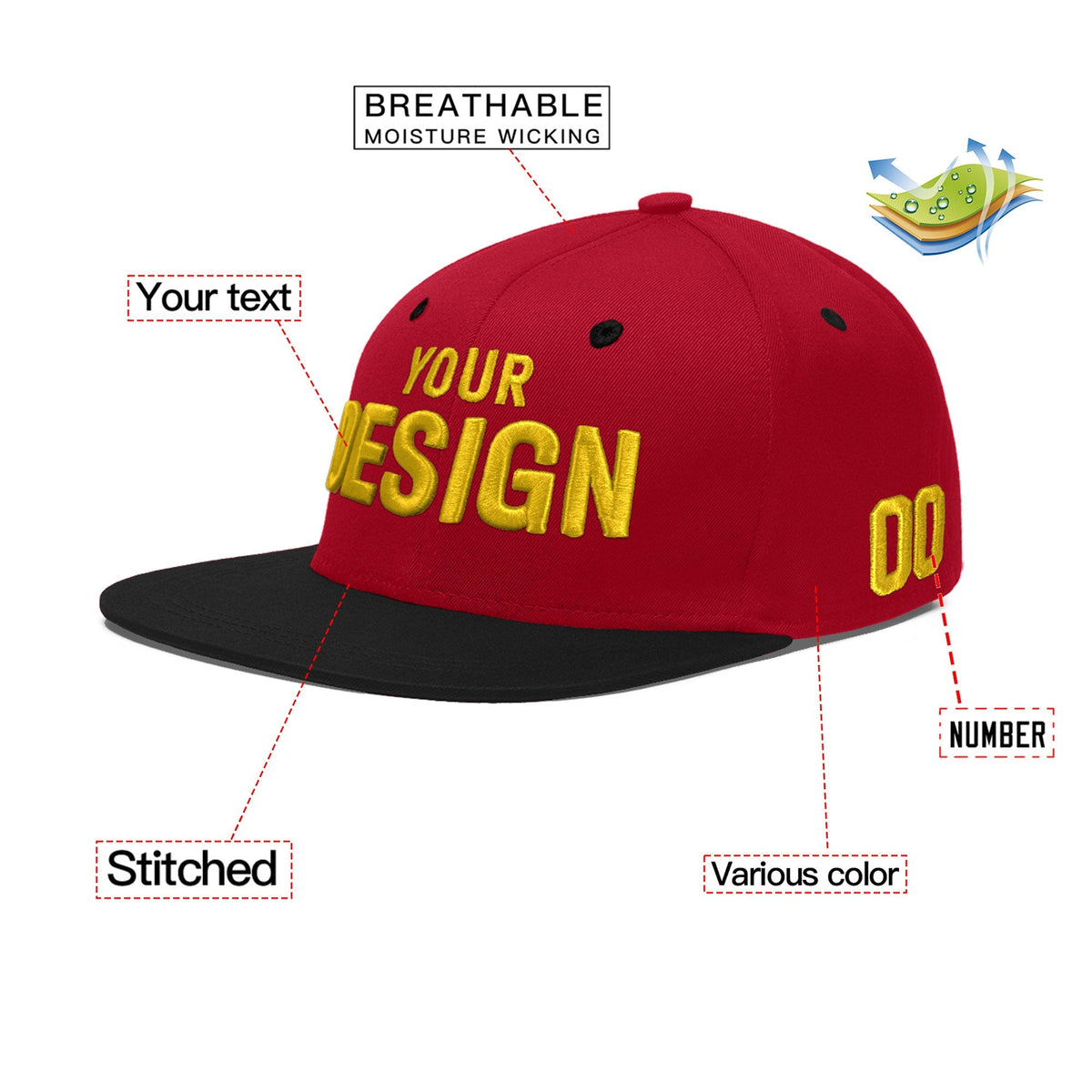 Custom Red Black 3D Puff Embroidery Flat Embroidery Casual Sport Baseball Cap