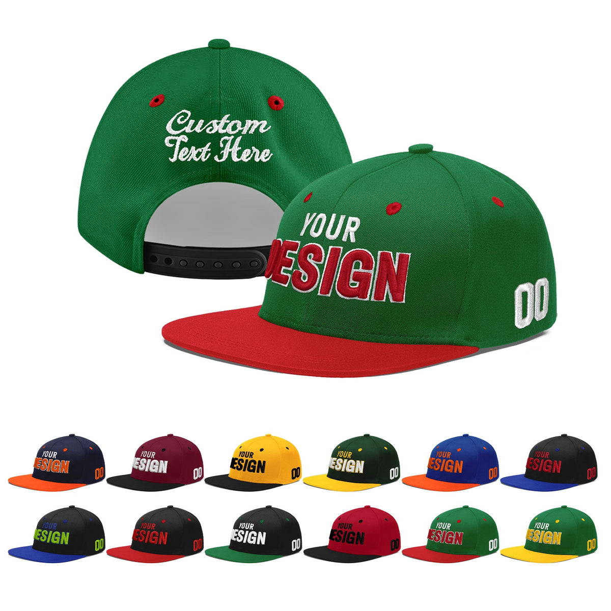 Custom Kelly Green Red 3D Puff Embroidery Flat Embroidery Casual Sport Baseball Cap