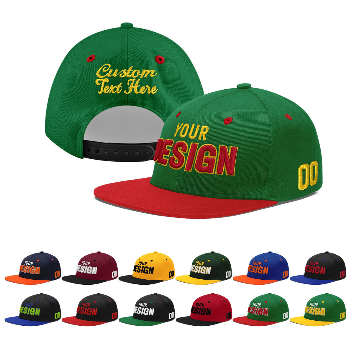 Custom Kelly Green Red 3D Puff Embroidery Flat Embroidery Casual Sport Baseball Cap