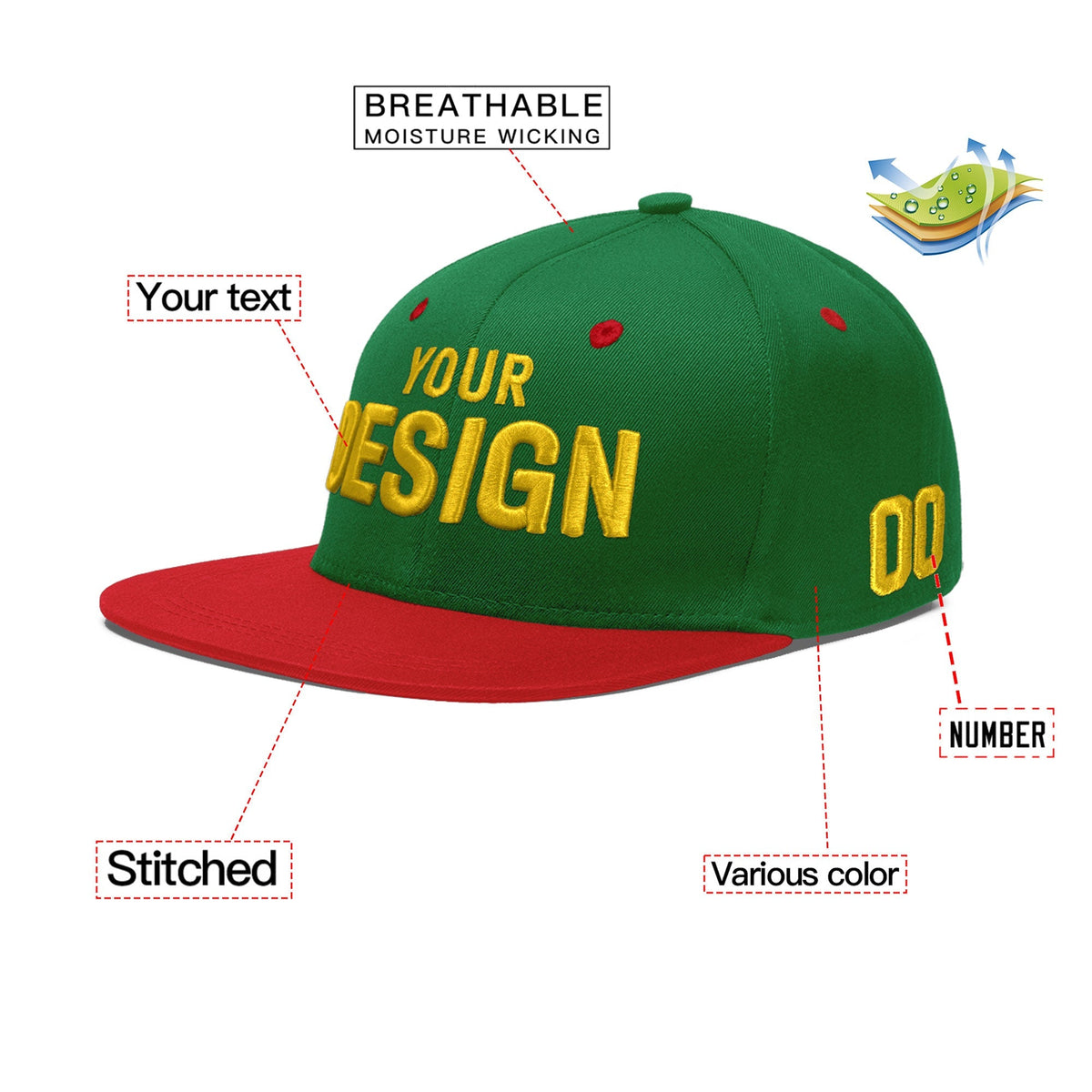 Custom Kelly Green Red 3D Puff Embroidery Flat Embroidery Casual Sport Baseball Cap