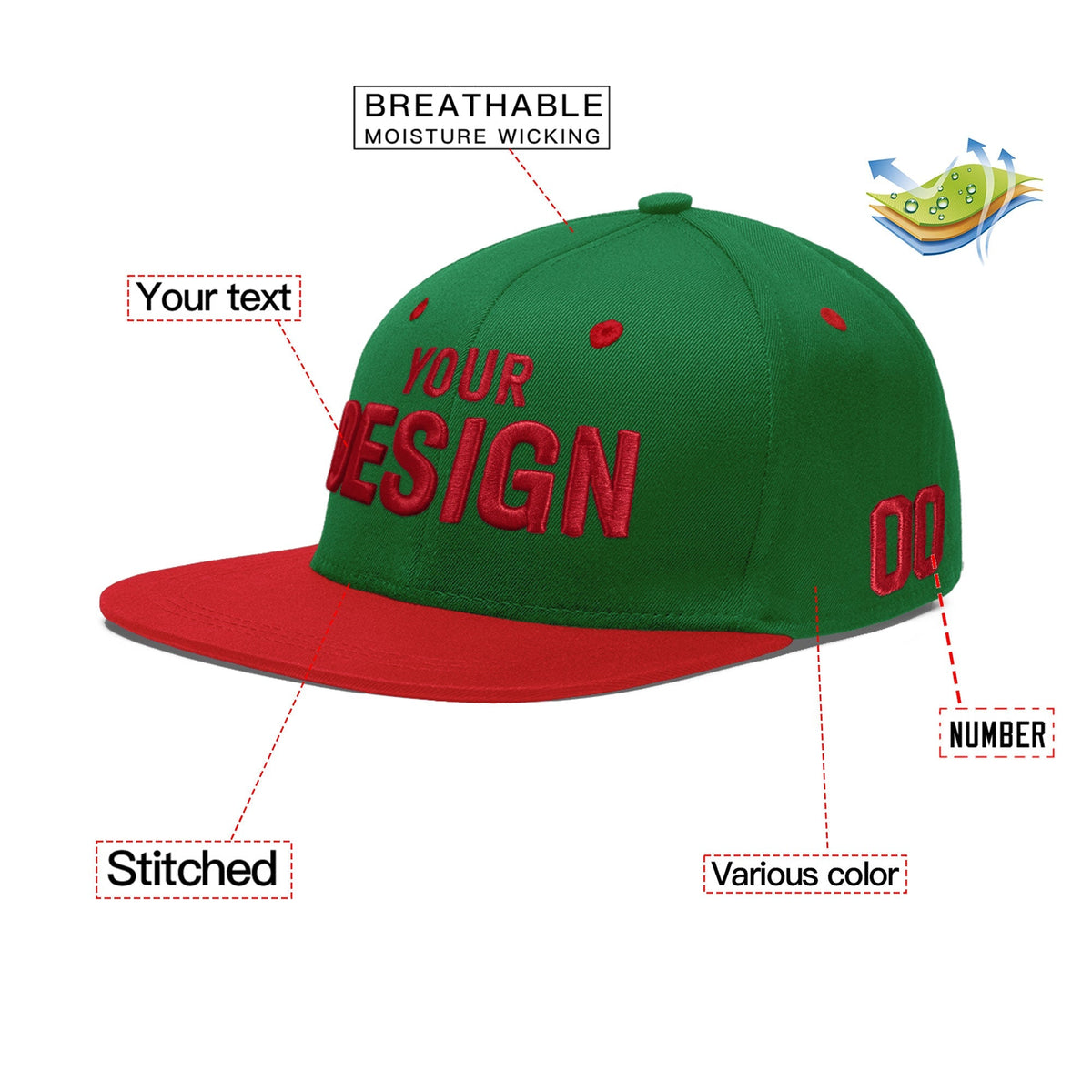Custom Kelly Green Red 3D Puff Embroidery Flat Embroidery Casual Sport Baseball Cap