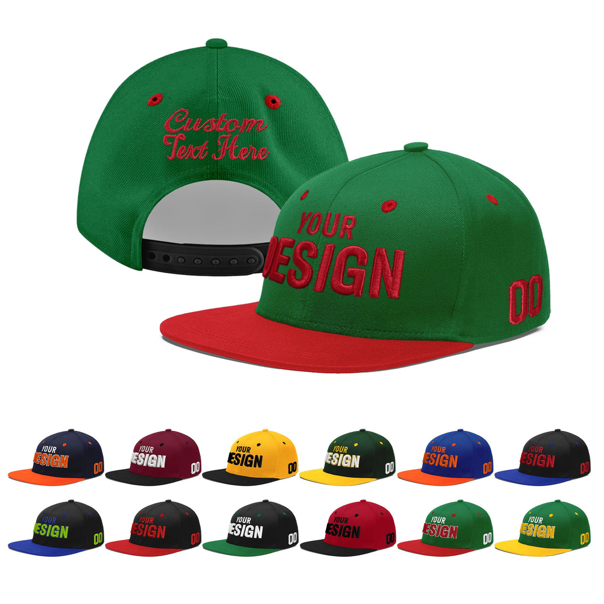 Custom Kelly Green Red 3D Puff Embroidery Flat Embroidery Casual Sport Baseball Cap
