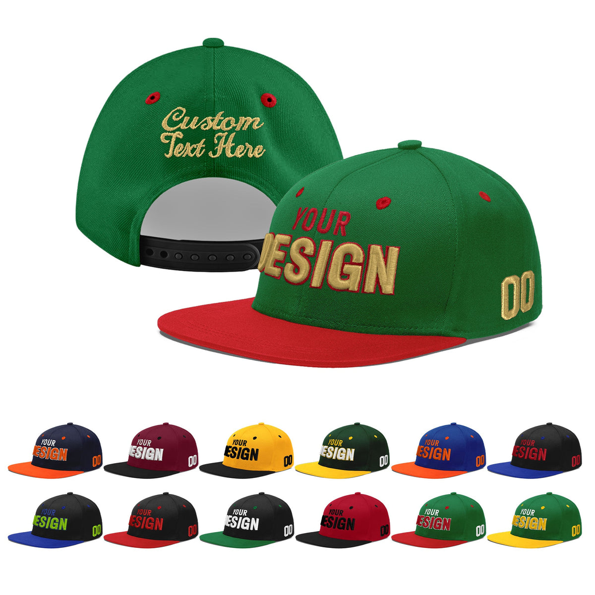 Custom Kelly Green Red 3D Puff Embroidery Flat Embroidery Casual Sport Baseball Cap