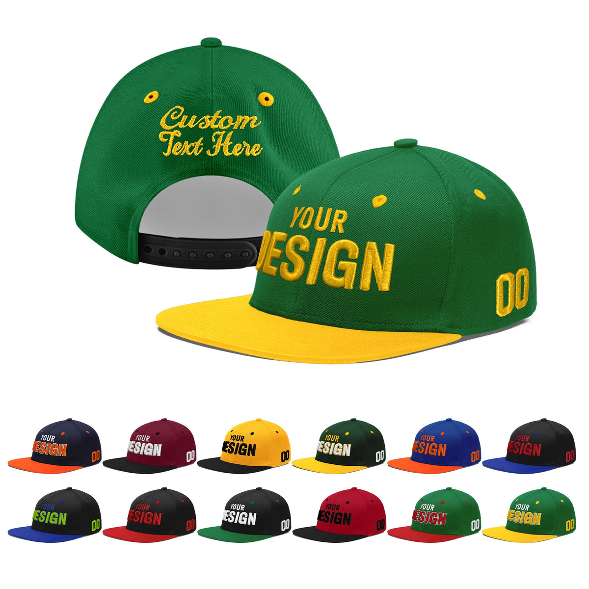 Custom Kelly Green Gold 3D Puff Embroidery Flat Embroidery Casual Sport Baseball Cap