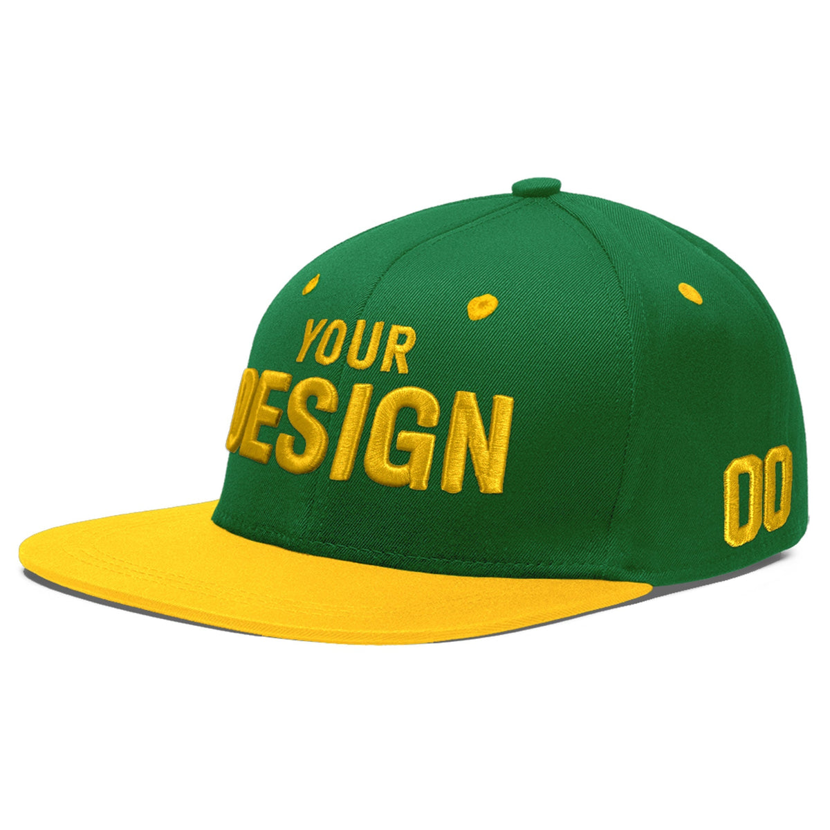 Custom Kelly Green Gold 3D Puff Embroidery Flat Embroidery Casual Sport Baseball Cap