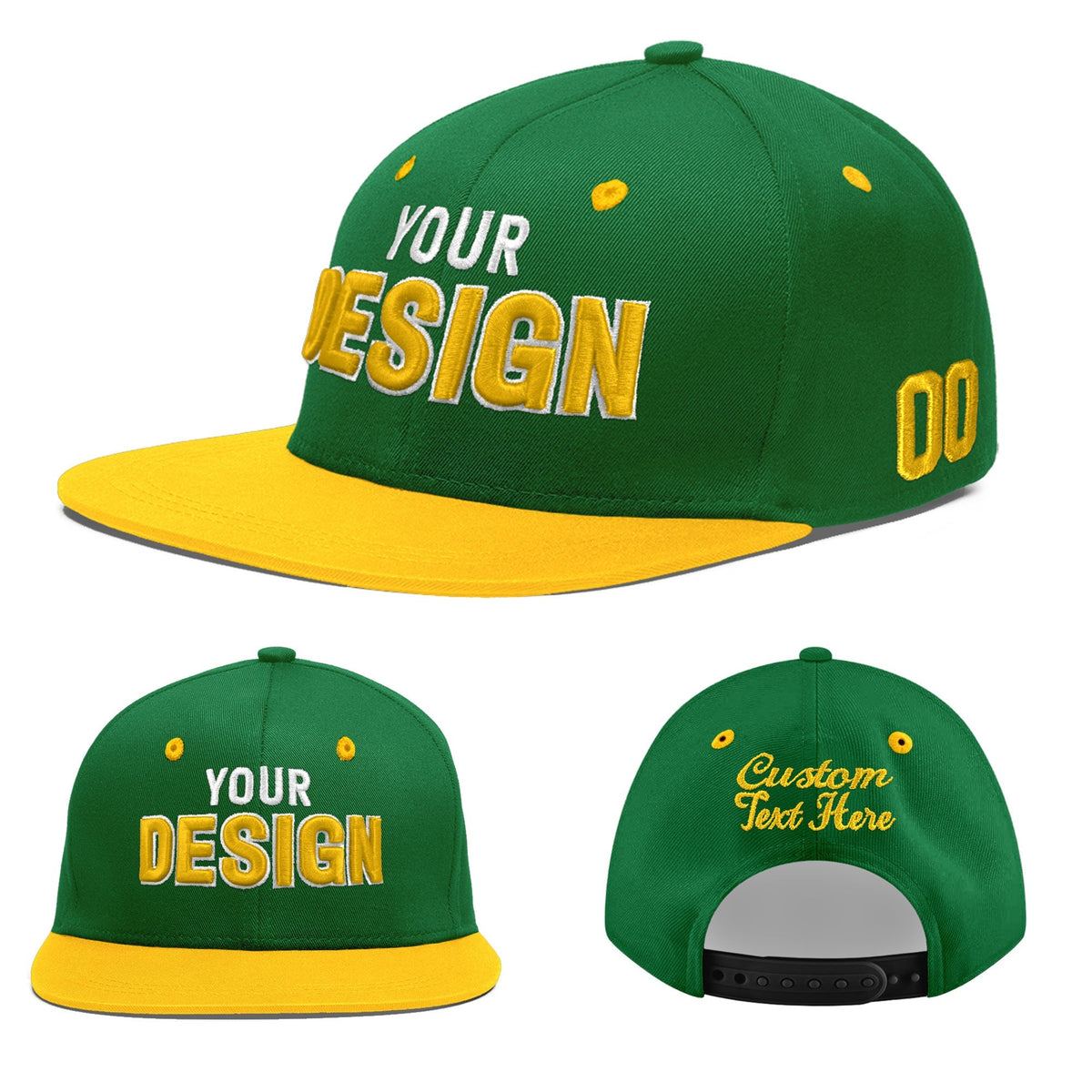Custom Kelly Green Gold 3D Puff Embroidery Flat Embroidery Casual Sport Baseball Cap